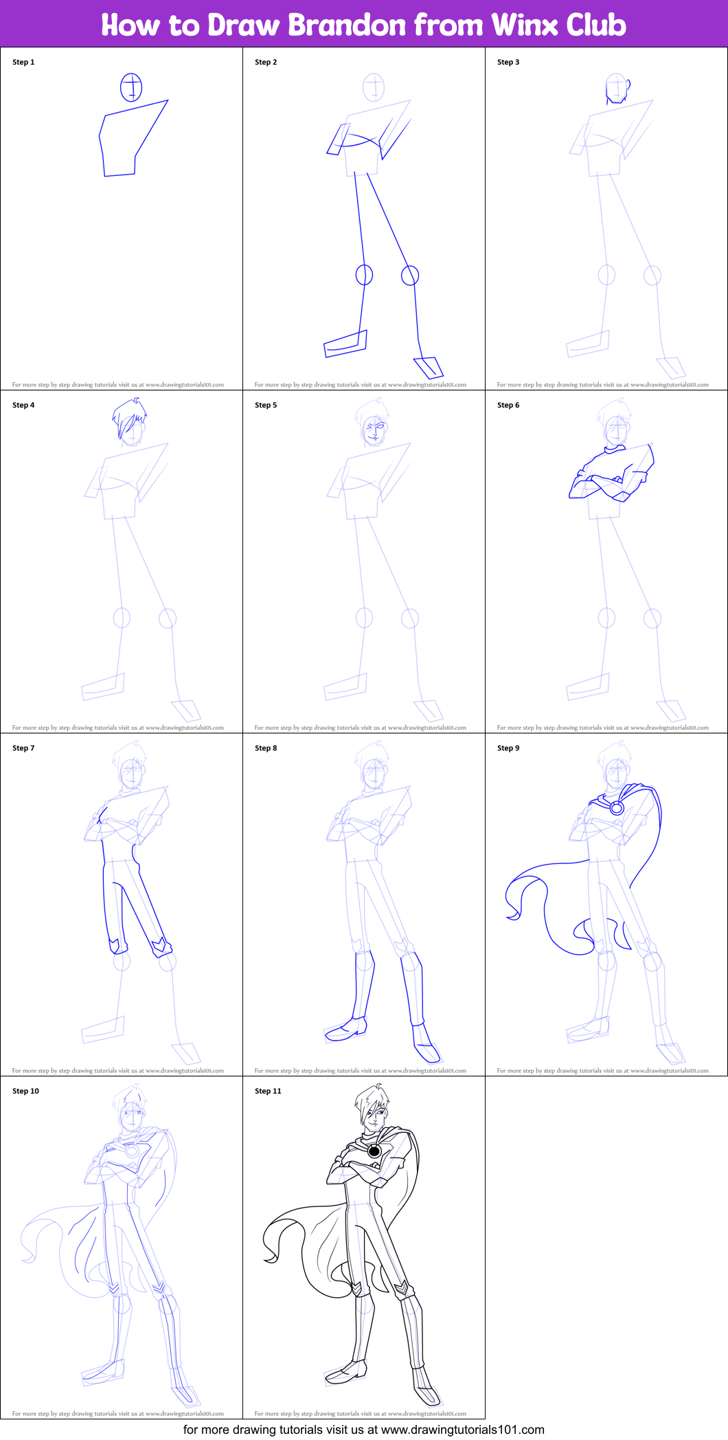 How to Draw Brandon from Winx Club printable step by step drawing sheet ...