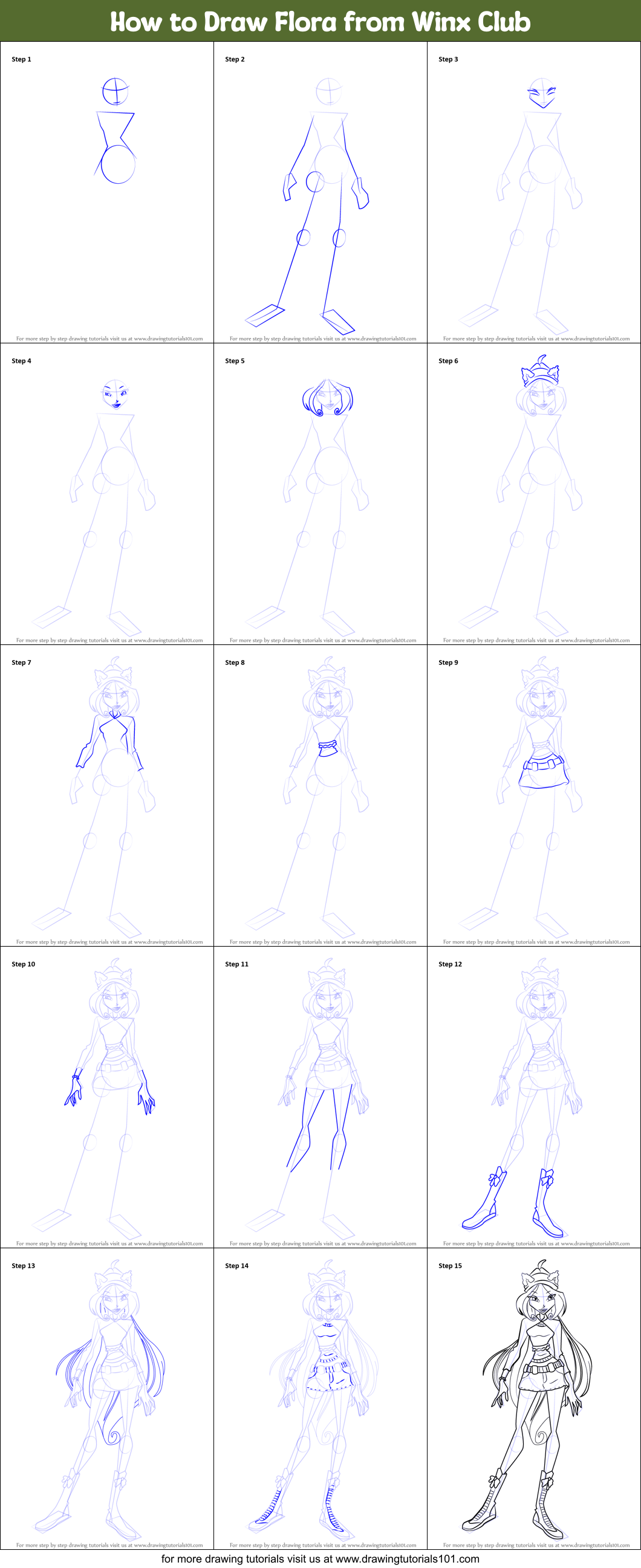 How to Draw Flora from Winx Club printable step by step drawing sheet