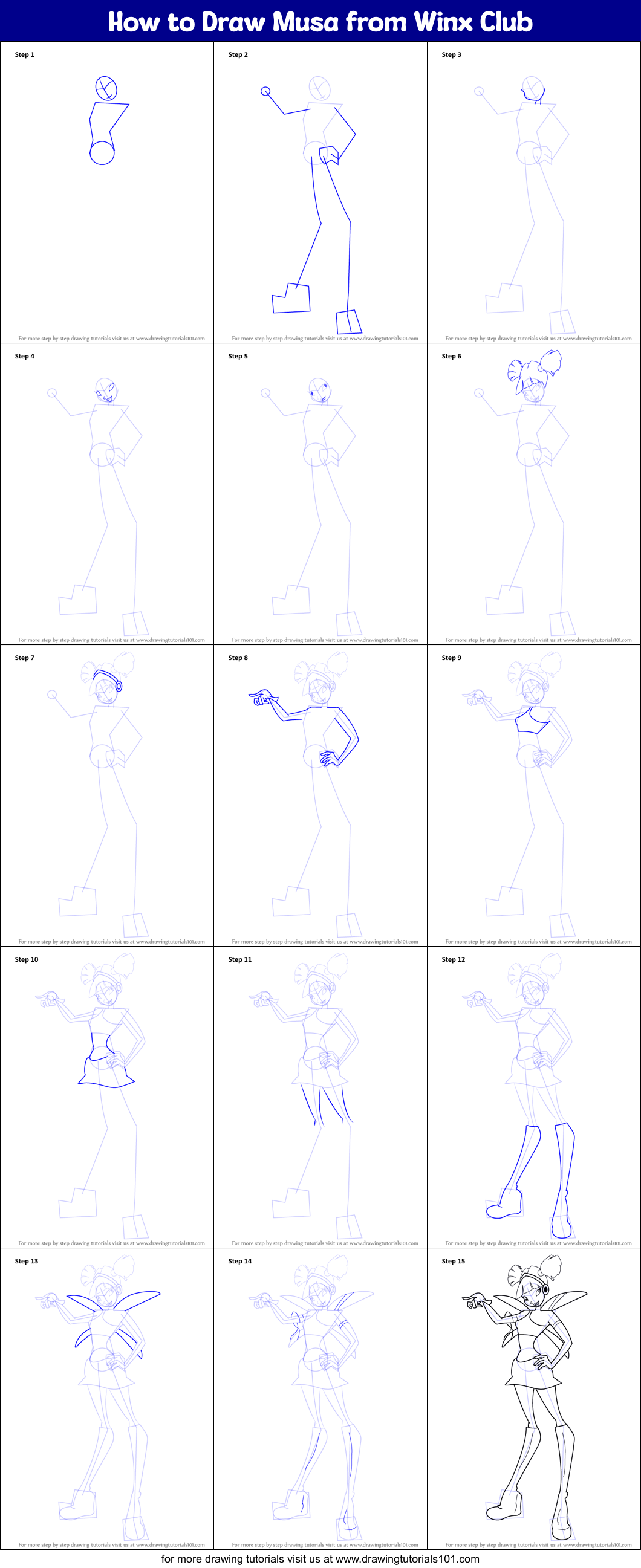 How to Draw Musa from Winx Club printable step by step drawing sheet ...