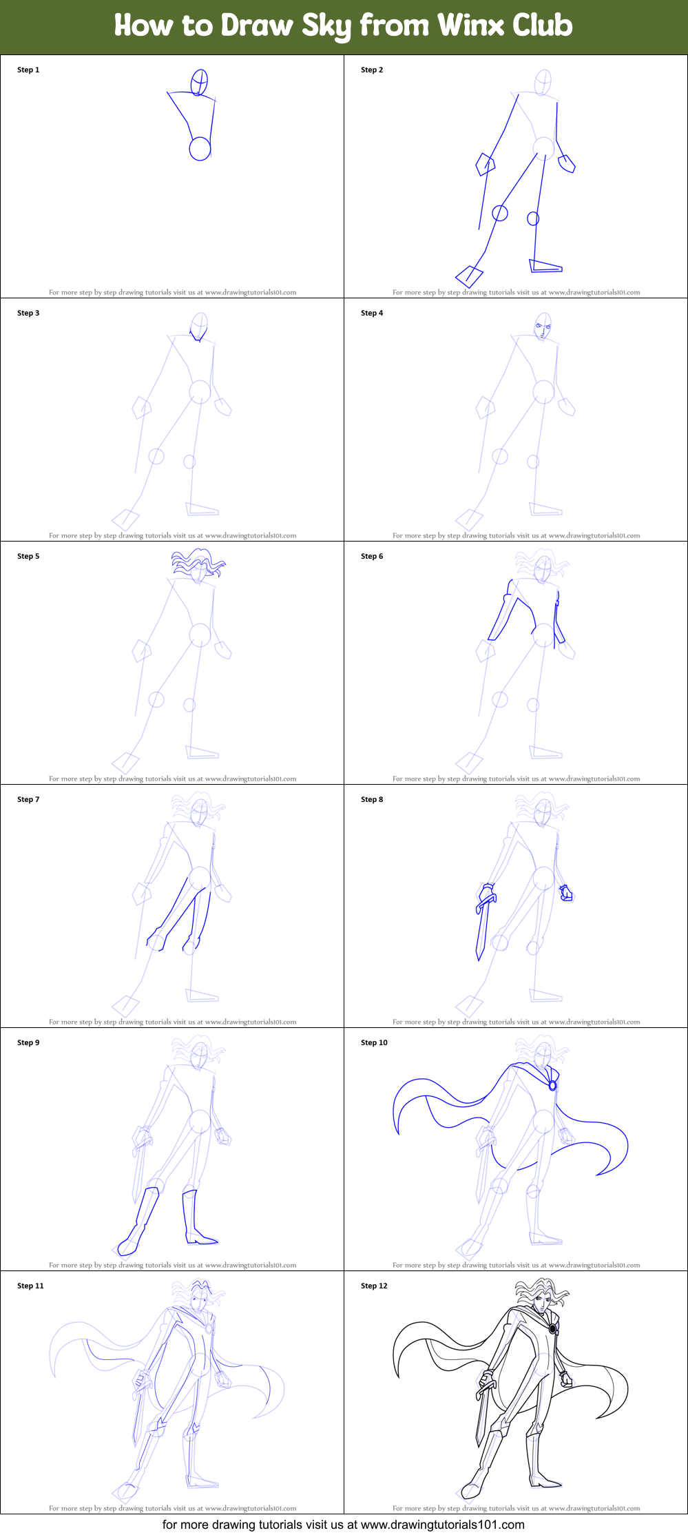 How to Draw Sky from Winx Club printable step by step drawing sheet ...