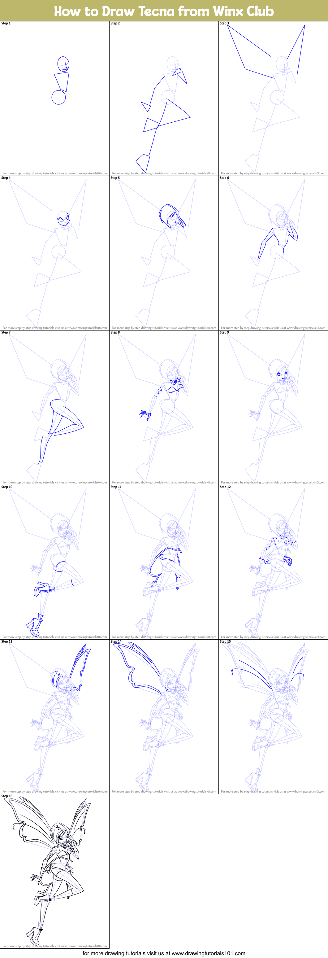 How to Draw Tecna from Winx Club printable step by step drawing sheet