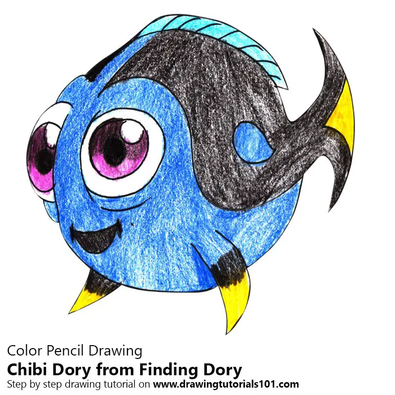 Chibi Dory from Finding Dory Color Pencil Drawing