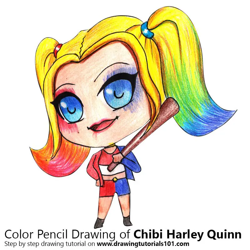 Chibi Harley Quinn Color Pencil Drawing