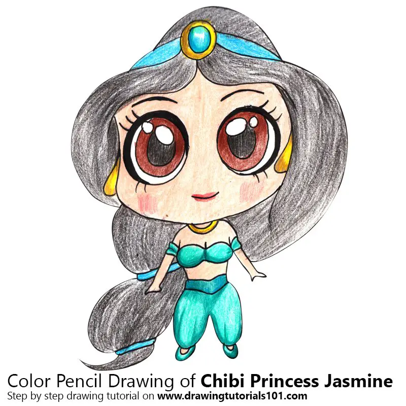 Chibi Princess Jasmine Color Pencil Drawing