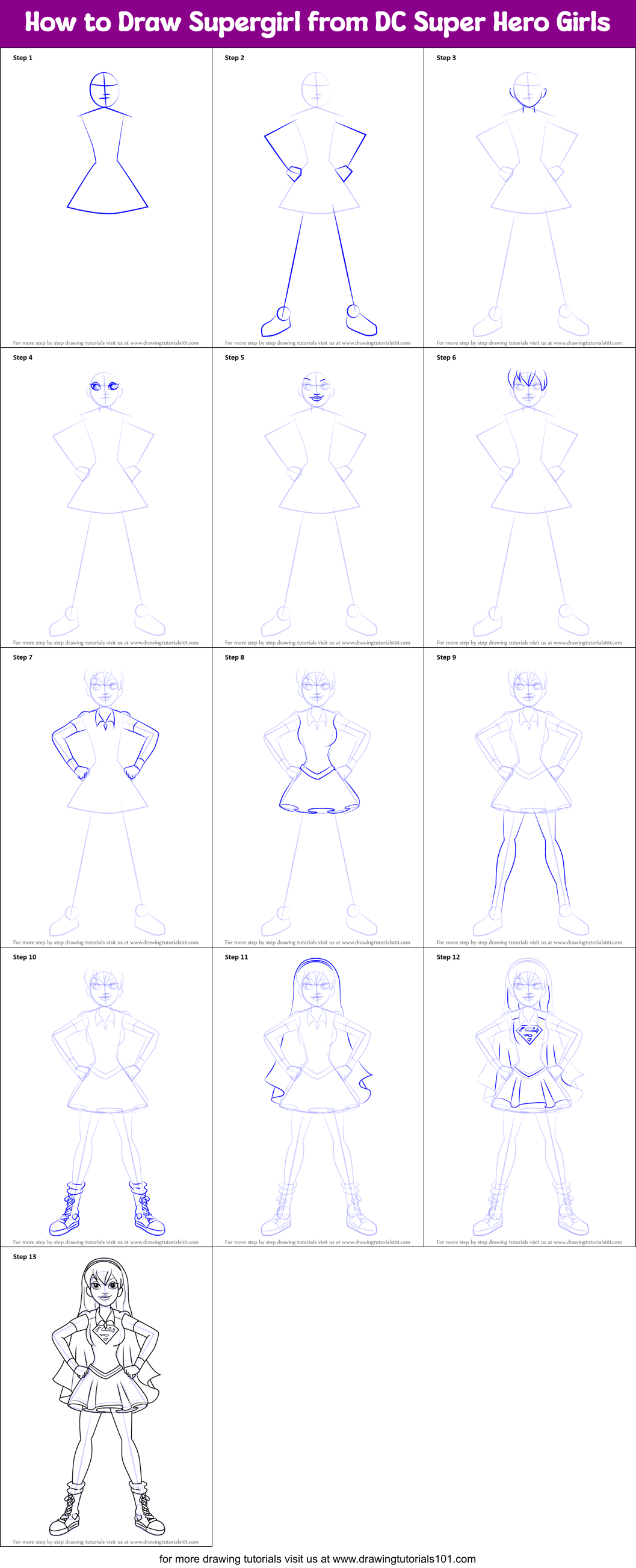 How to Draw Supergirl from DC Super Hero Girls printable step by step