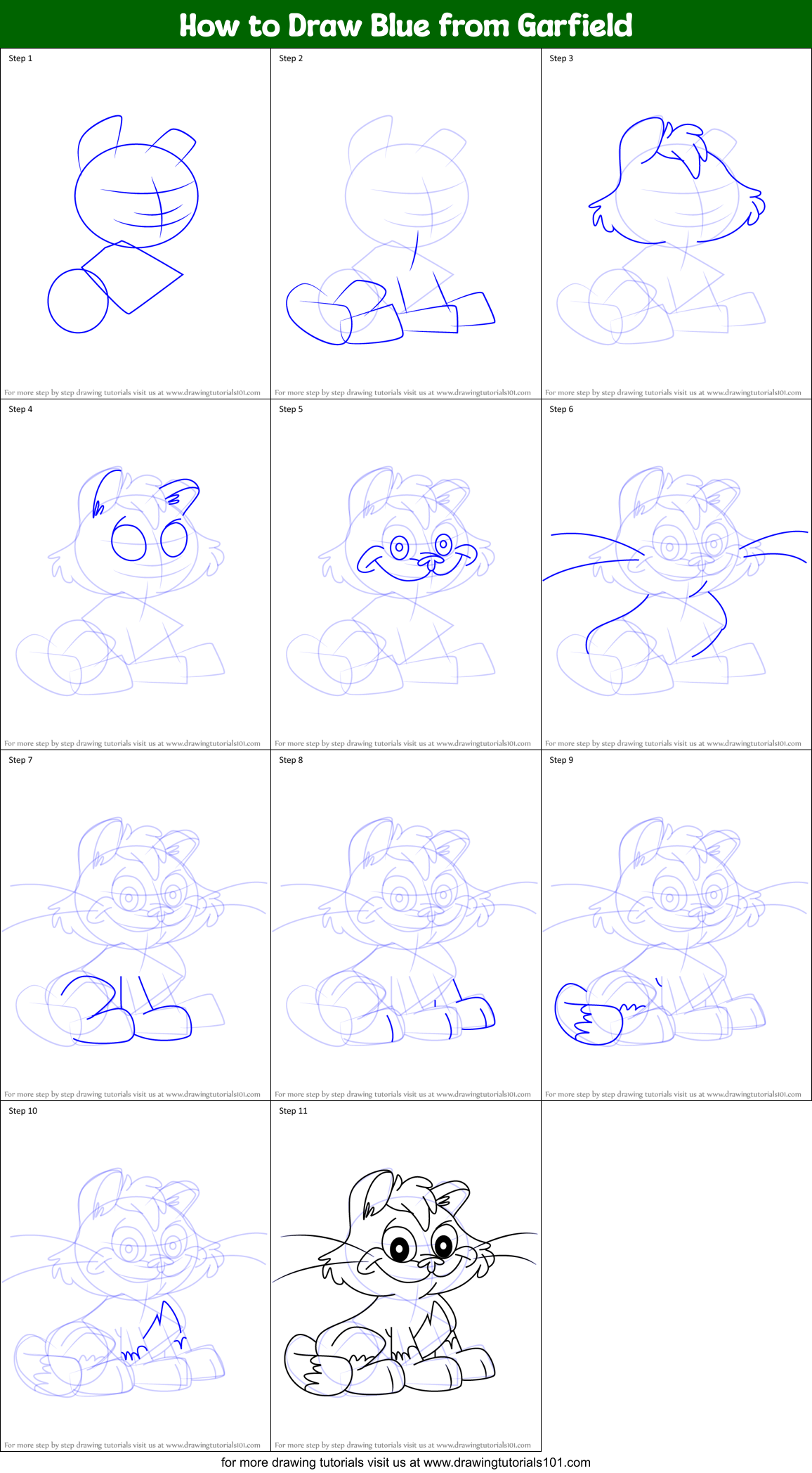 How to Draw Blue from Garfield printable step by step drawing sheet ...