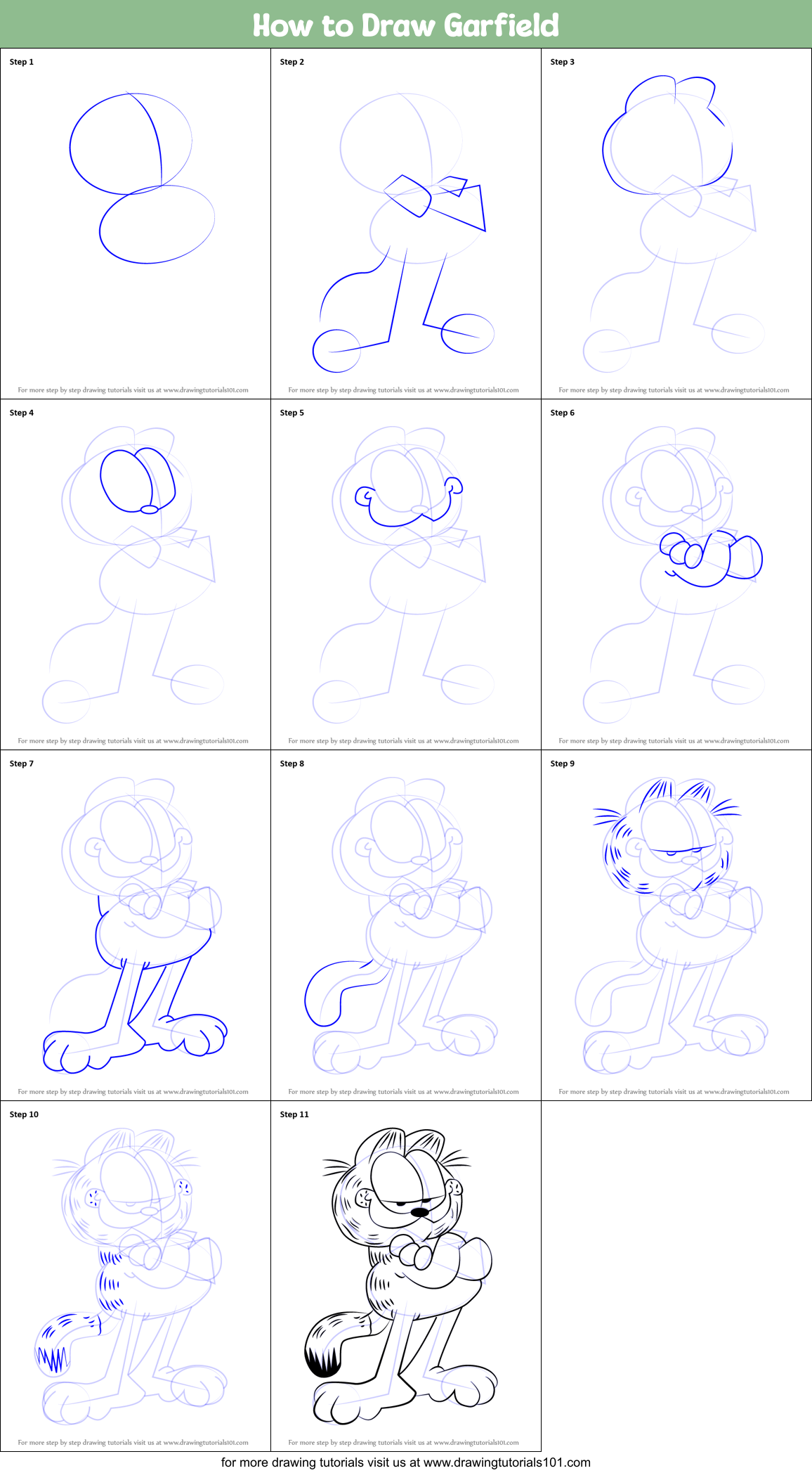 How to Draw Garfield printable step by step drawing sheet ...