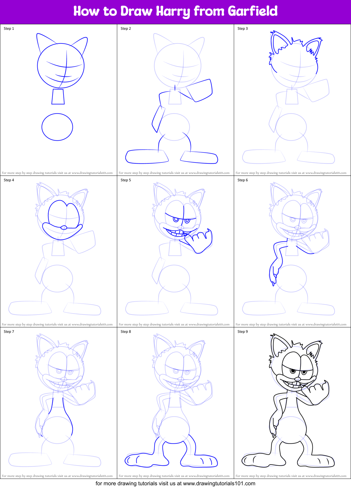 How to Draw Harry from Garfield printable step by step drawing sheet ...