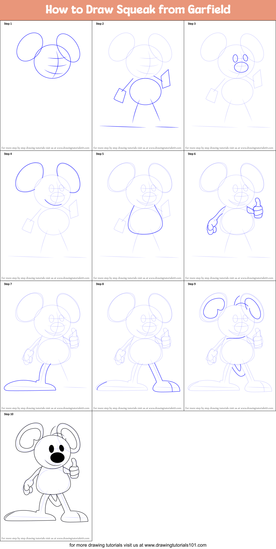 How to Draw Squeak from Garfield printable step by step drawing sheet ...