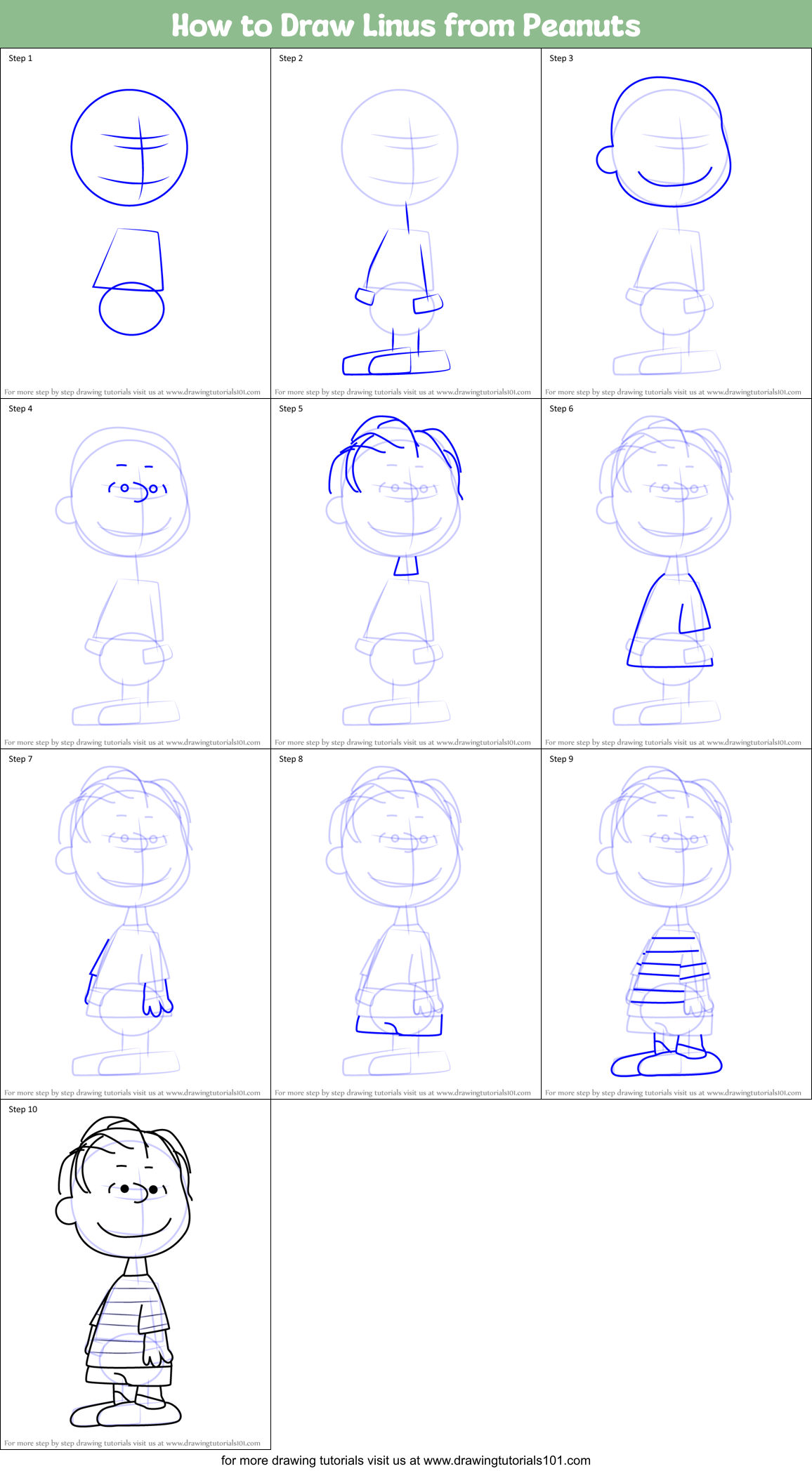 How to Draw Linus from Peanuts printable step by step drawing sheet