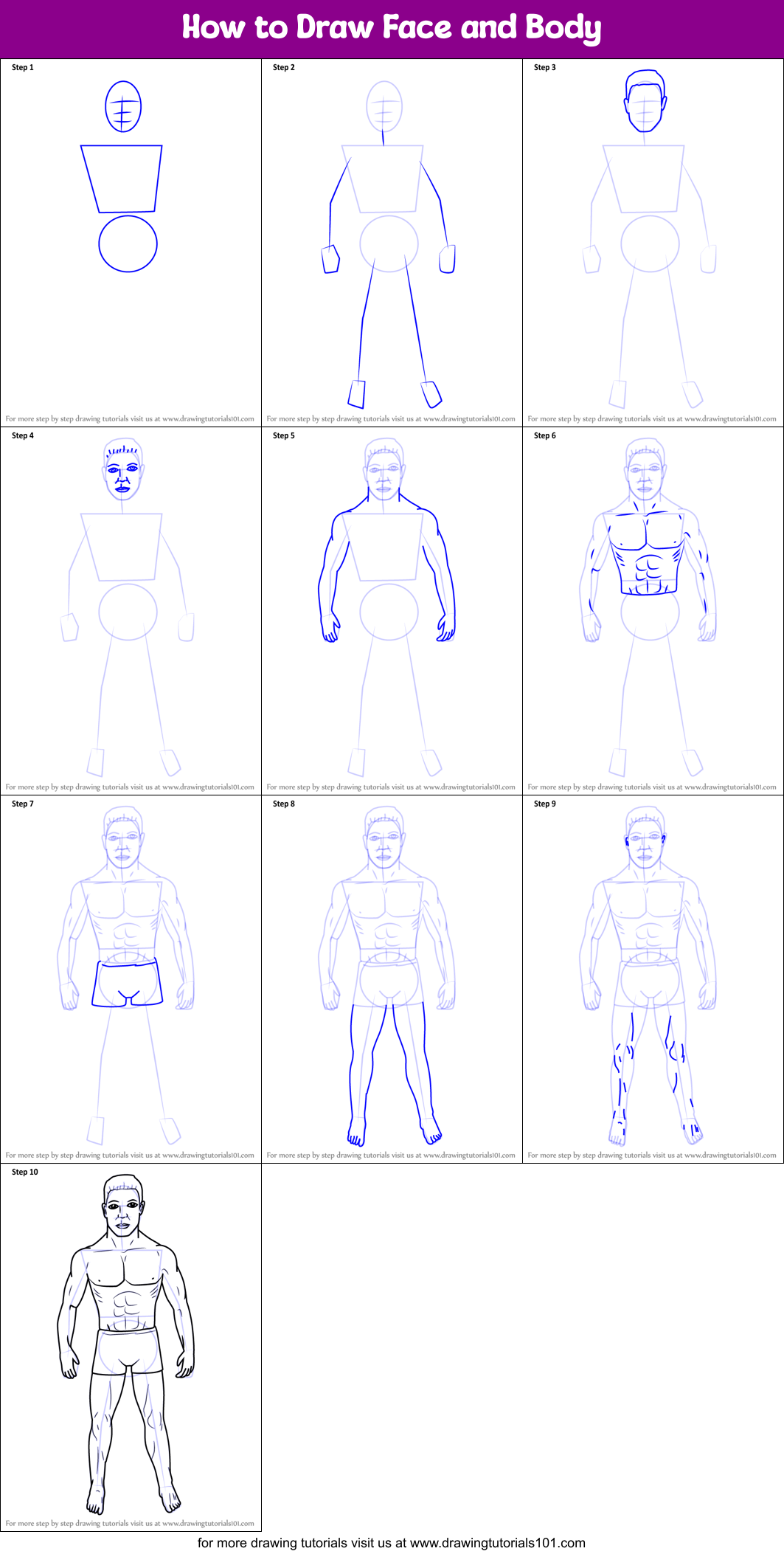 How to Draw Face and Body printable step by step drawing sheet