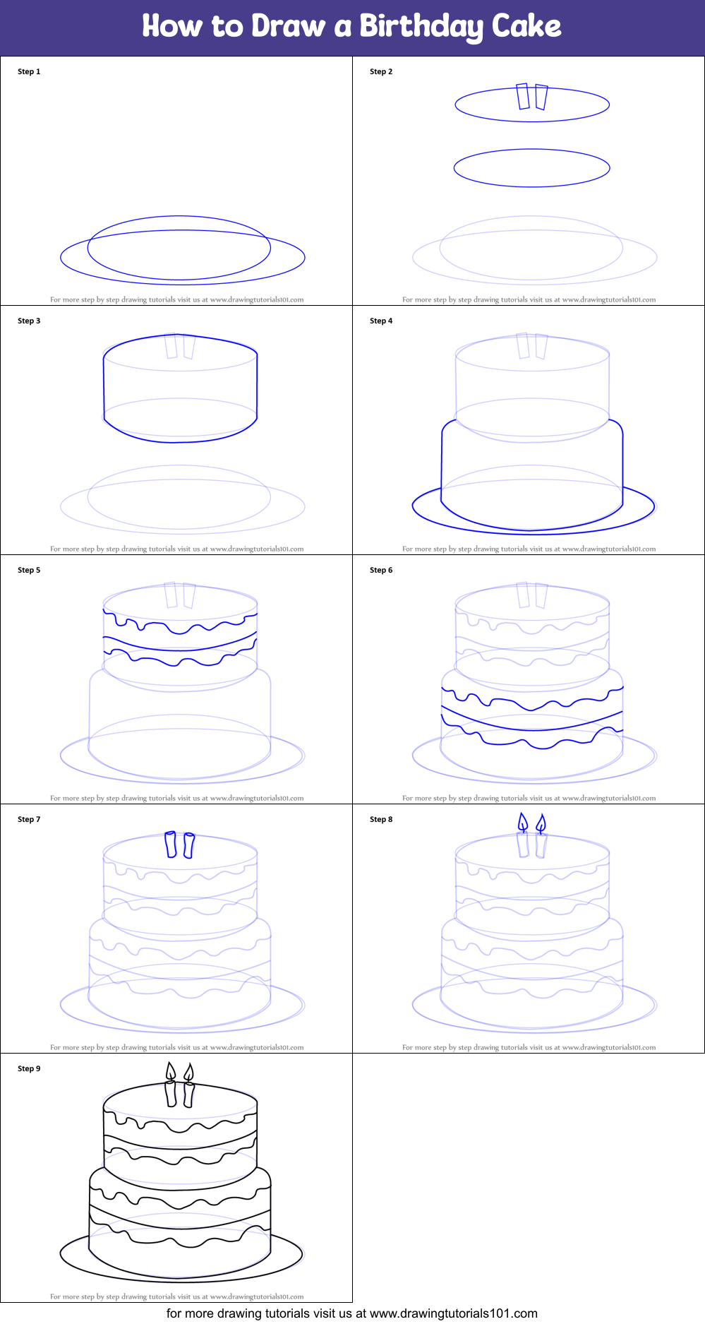 How to Draw a Birthday Cake printable step by step drawing sheet ...