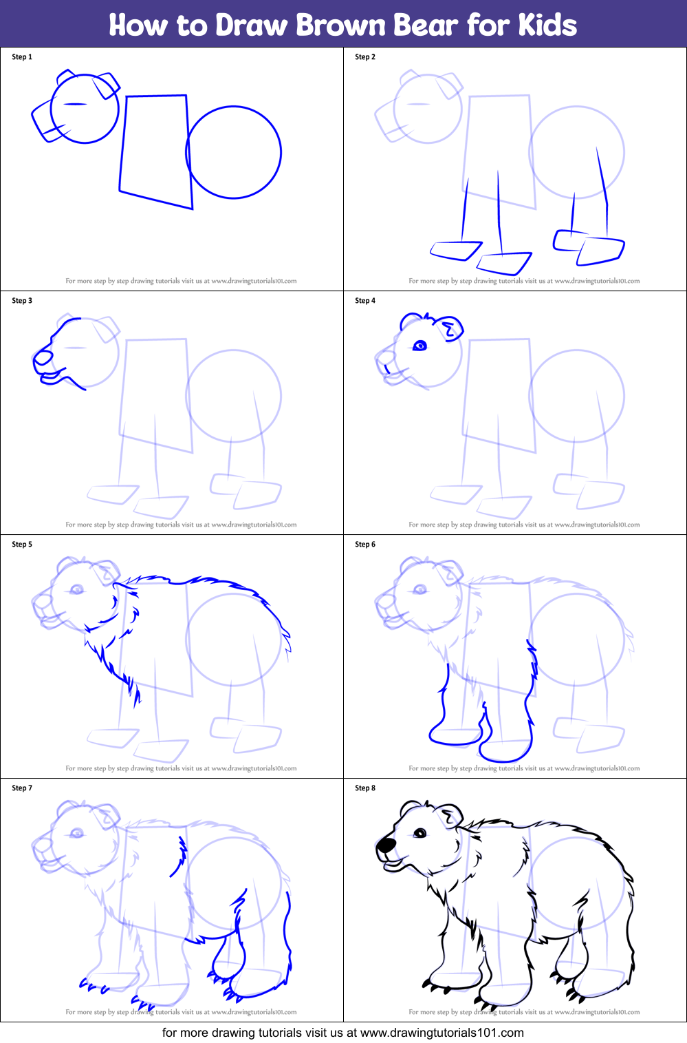 How to Draw Brown Bear for Kids printable step by step drawing sheet