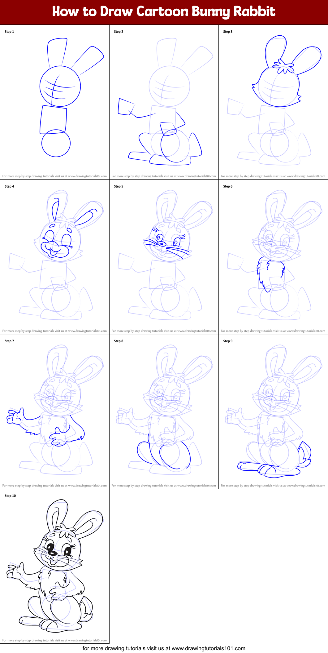 How to Draw Cartoon Bunny Rabbit printable step by step