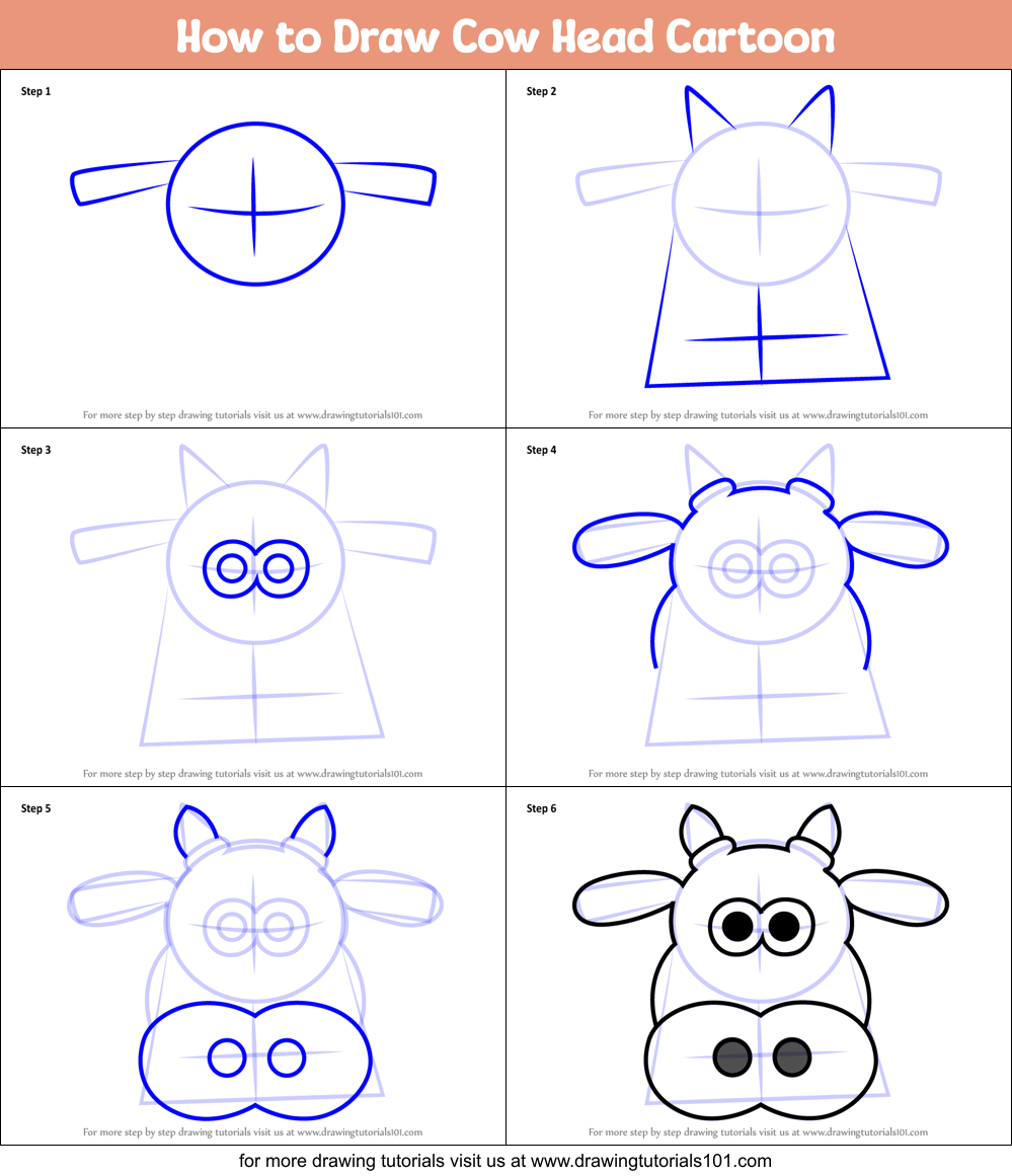 How to Draw Cow Head Cartoon printable step by step drawing sheet ...