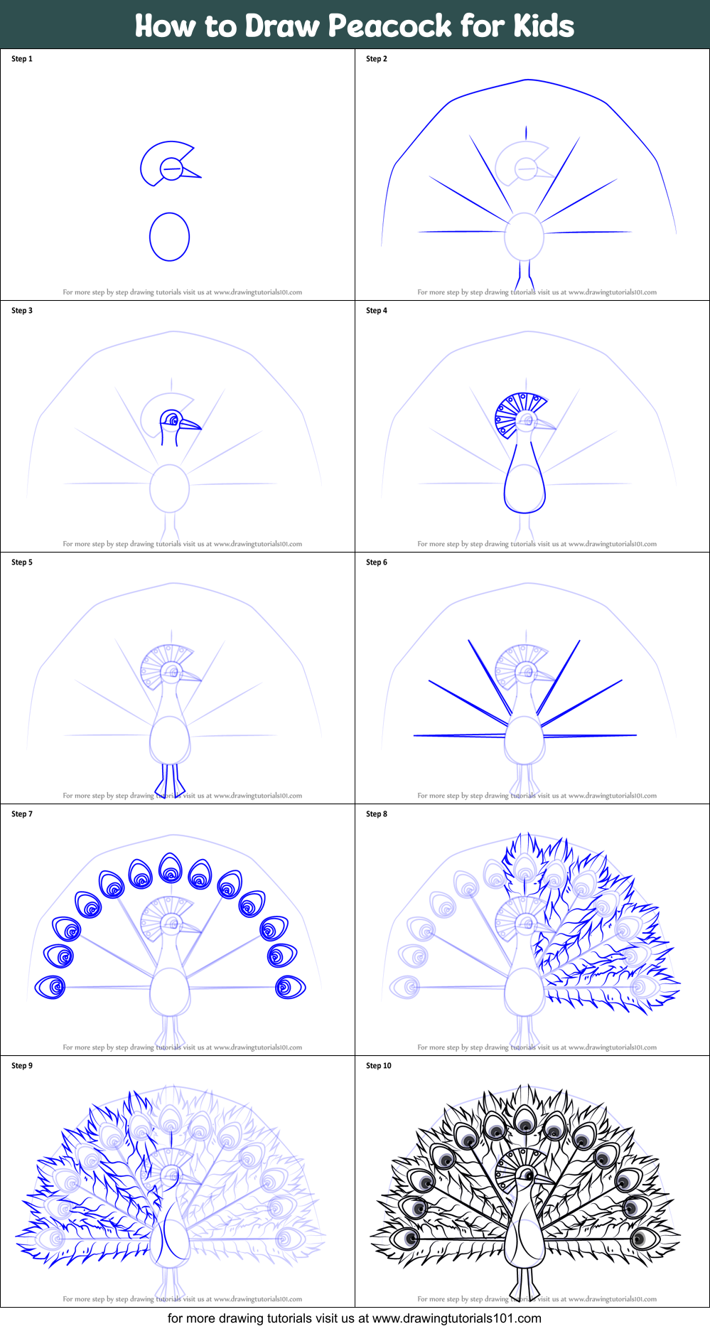 How To Draw Peacock For Kids Printable Step By Step Drawing Sheet   How To Draw Peacock For Kids Step By Step 