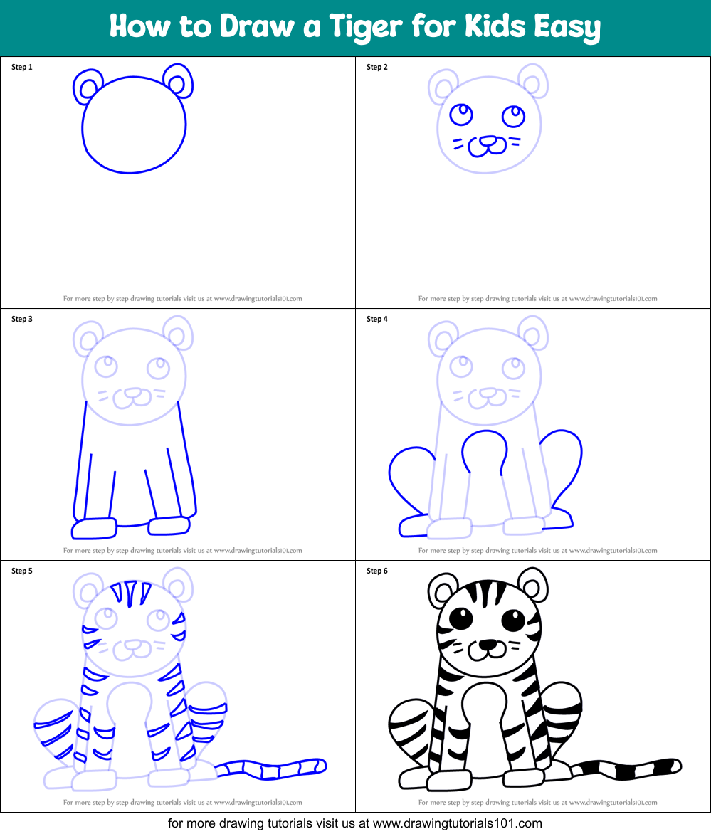 How to Draw a Tiger for Kids Easy printable step by step drawing sheet ...