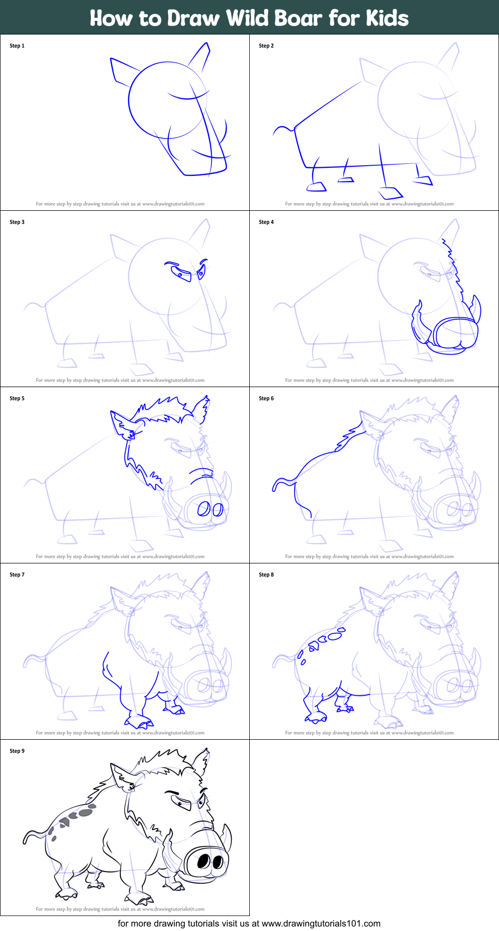 How to Draw Wild Boar for Kids printable step by step drawing sheet