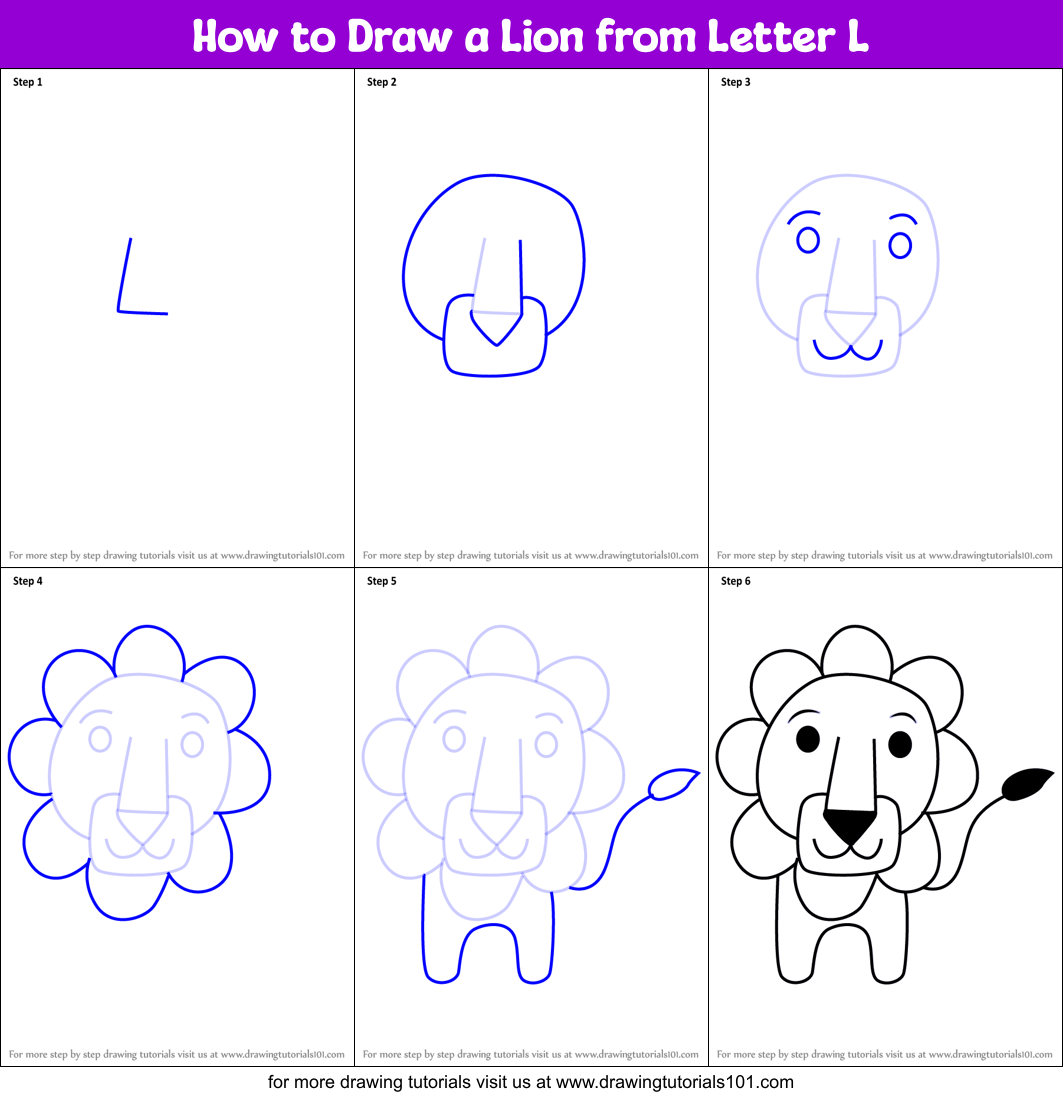 How to Draw a Lion from Letter L printable step by step drawing sheet ...