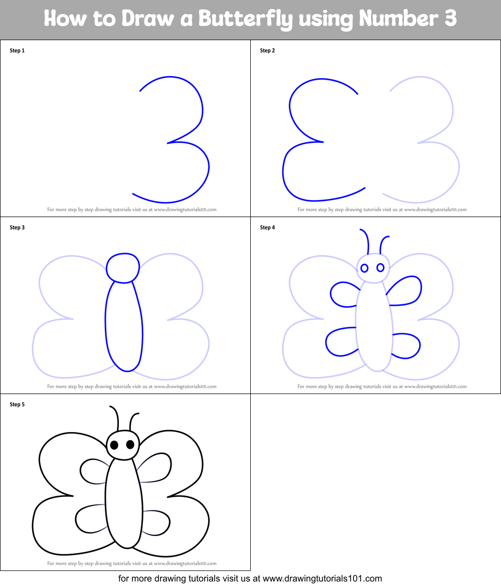 How to Draw a Butterfly using Number 3 printable step by step drawing ...