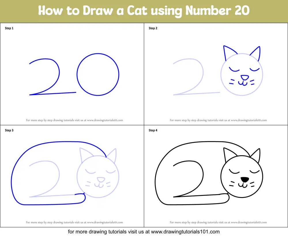 How to Draw a Cat using Number 20 printable step by step drawing sheet