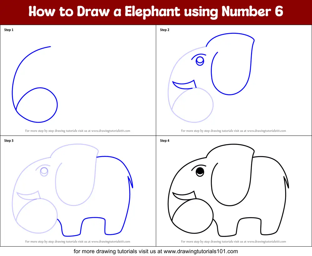 How to Draw a Elephant using Number 6 printable step by step drawing