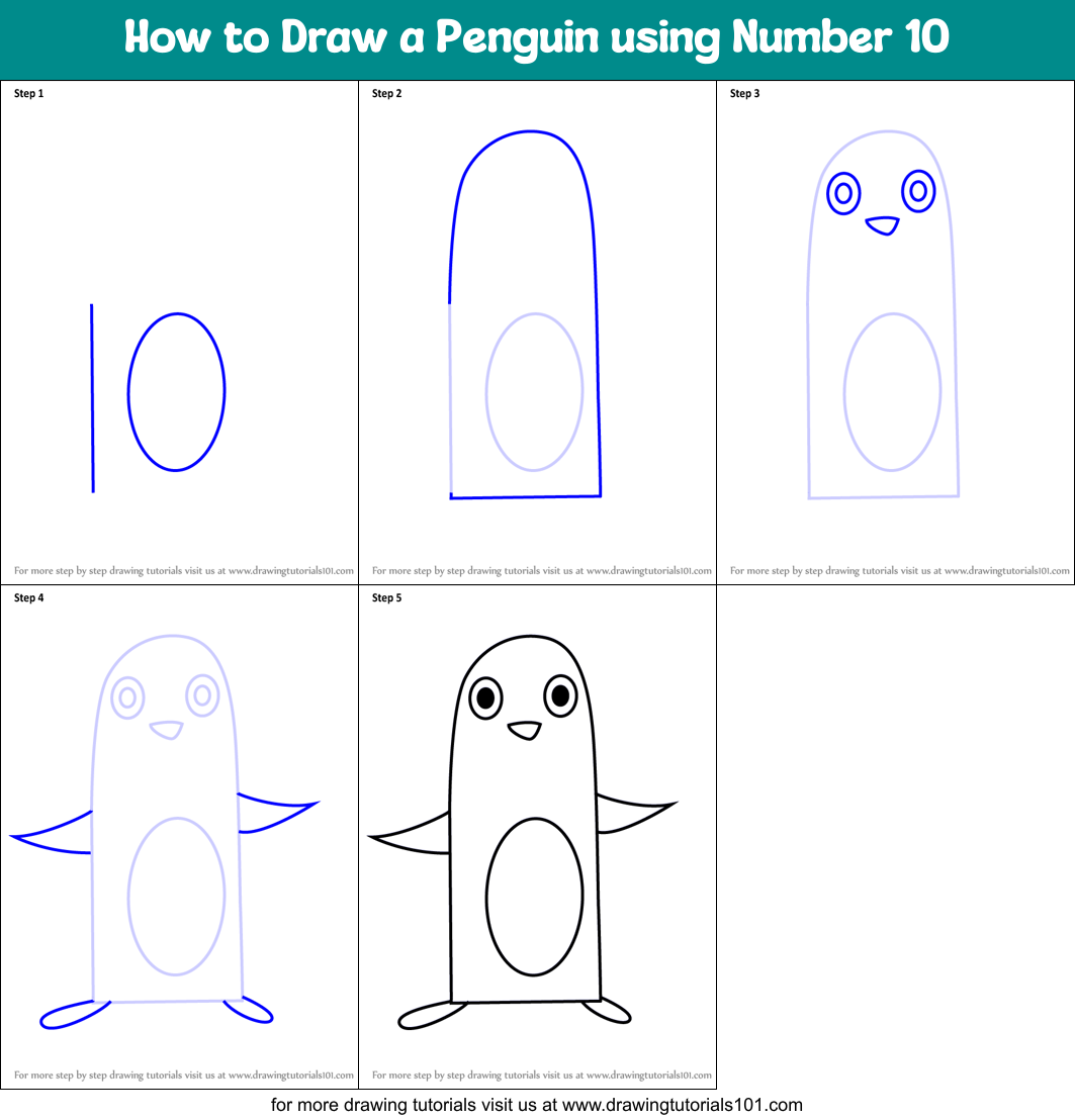 How to Draw a Penguin using Number 10 printable step by step drawing ...