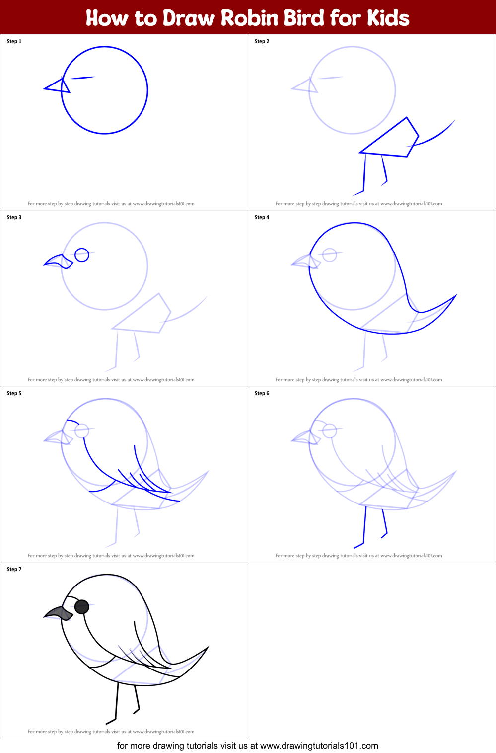 How to Draw Robin Bird for Kids printable step by step drawing sheet