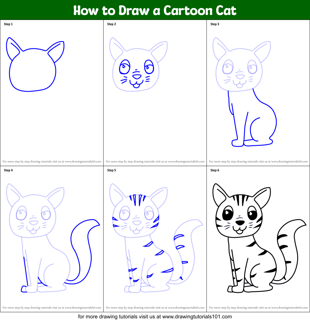 How to Draw a Cartoon Cat printable step by step drawing sheet