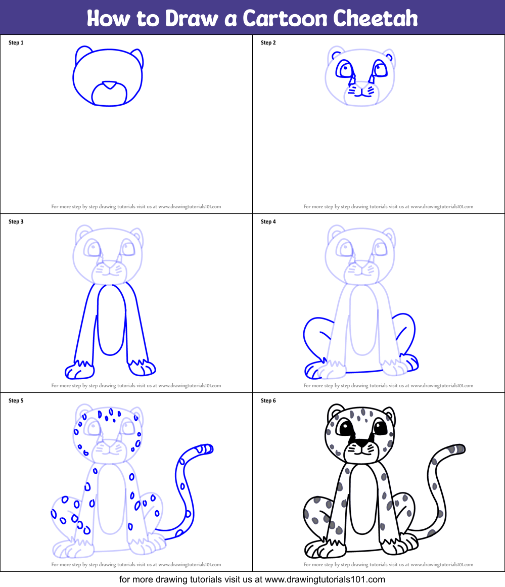 How to Draw a Cartoon Cheetah printable step by step drawing sheet
