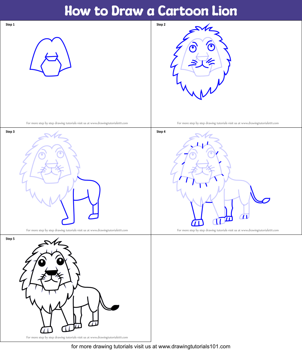 How to Draw a Cartoon Lion printable step by step drawing sheet ...