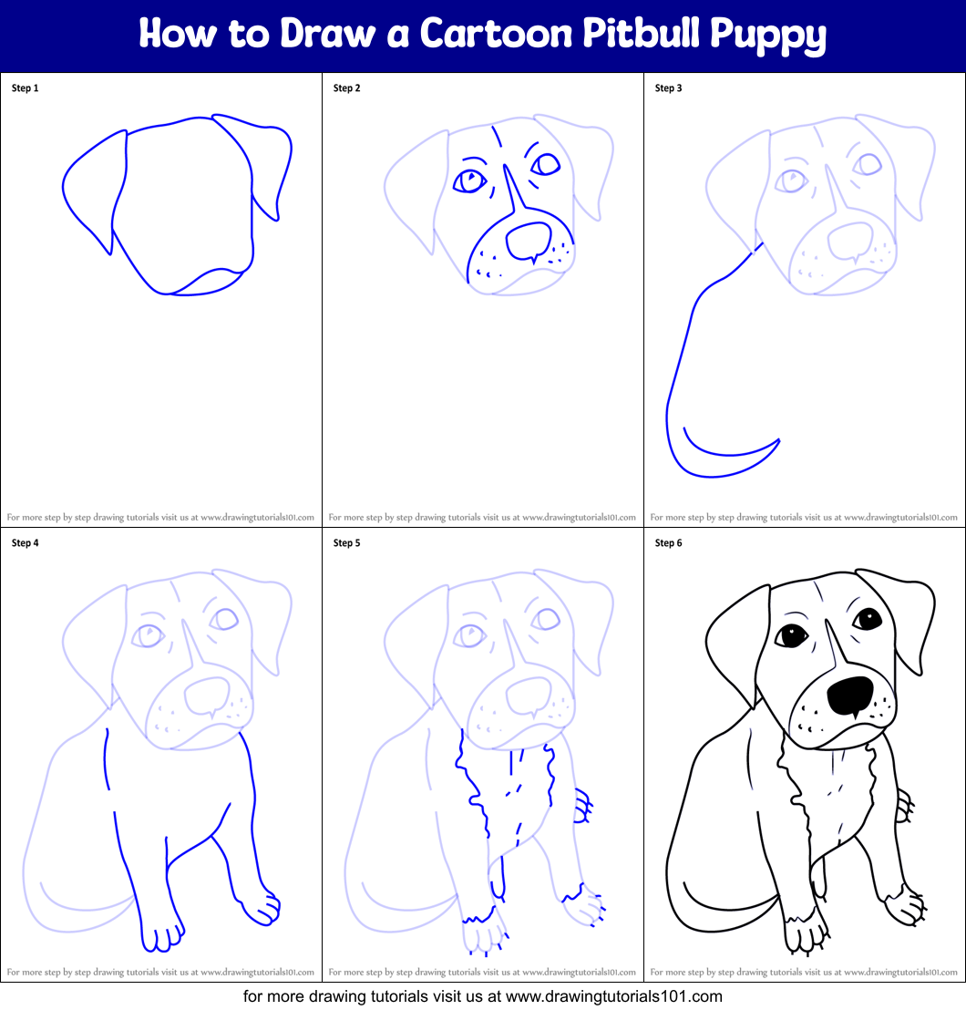 How to Draw a Cartoon Pitbull Puppy printable step by step drawing sheet :  
