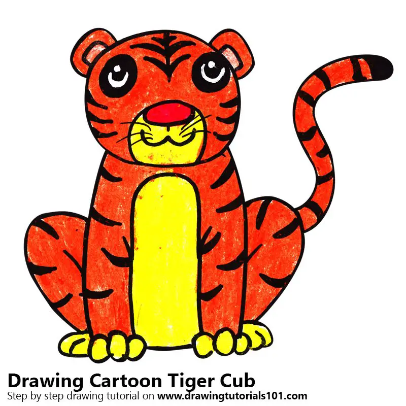 Learn How to Draw a Cartoon Tiger Cub (Cartoon Animals) Step by Step :  Drawing Tutorials