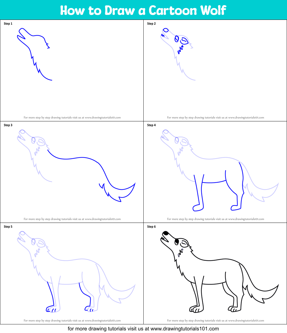 How to Draw a Cartoon Wolf printable step by step drawing sheet ...