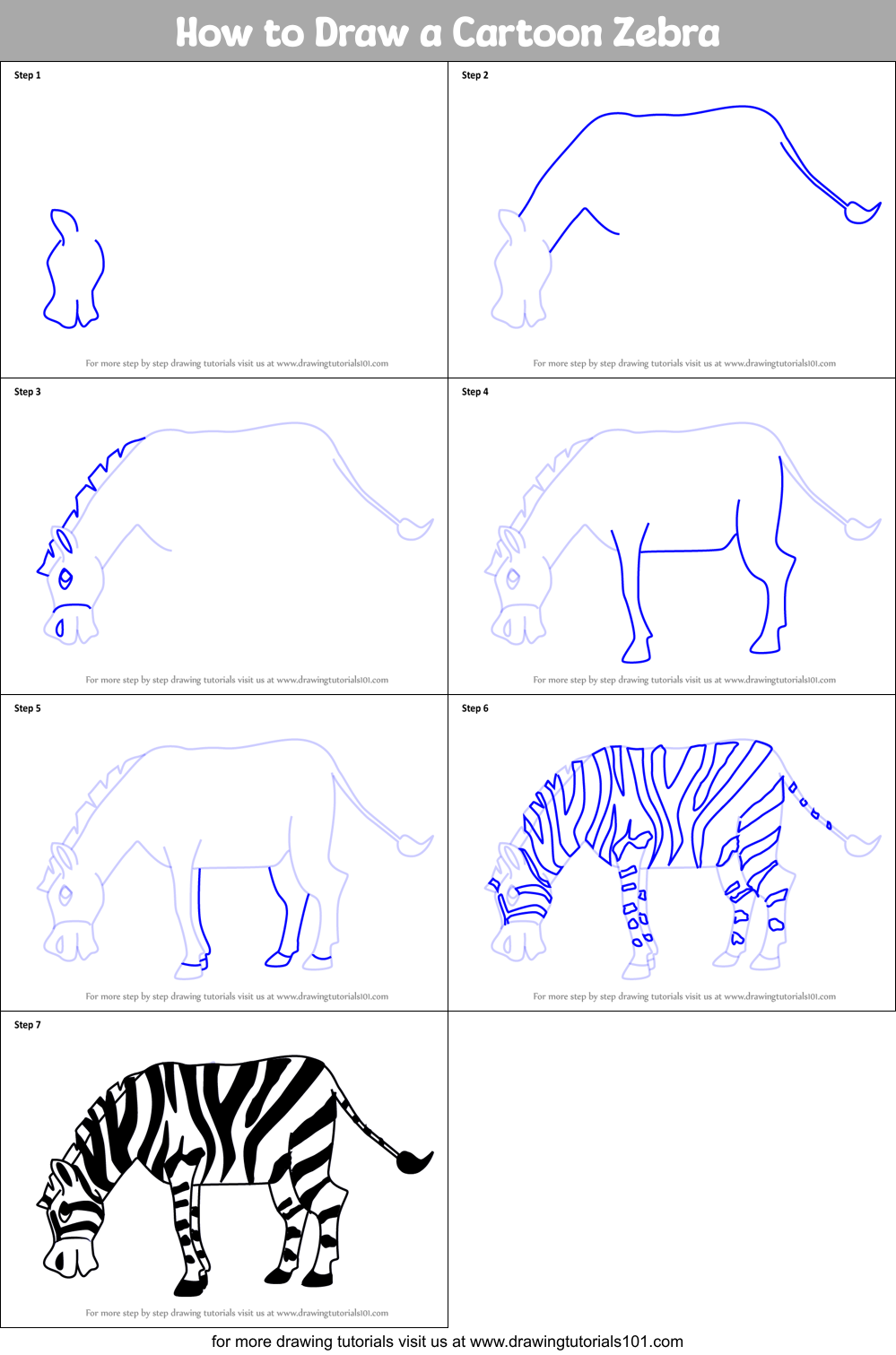 How to Draw a Cartoon Zebra printable step by step drawing sheet