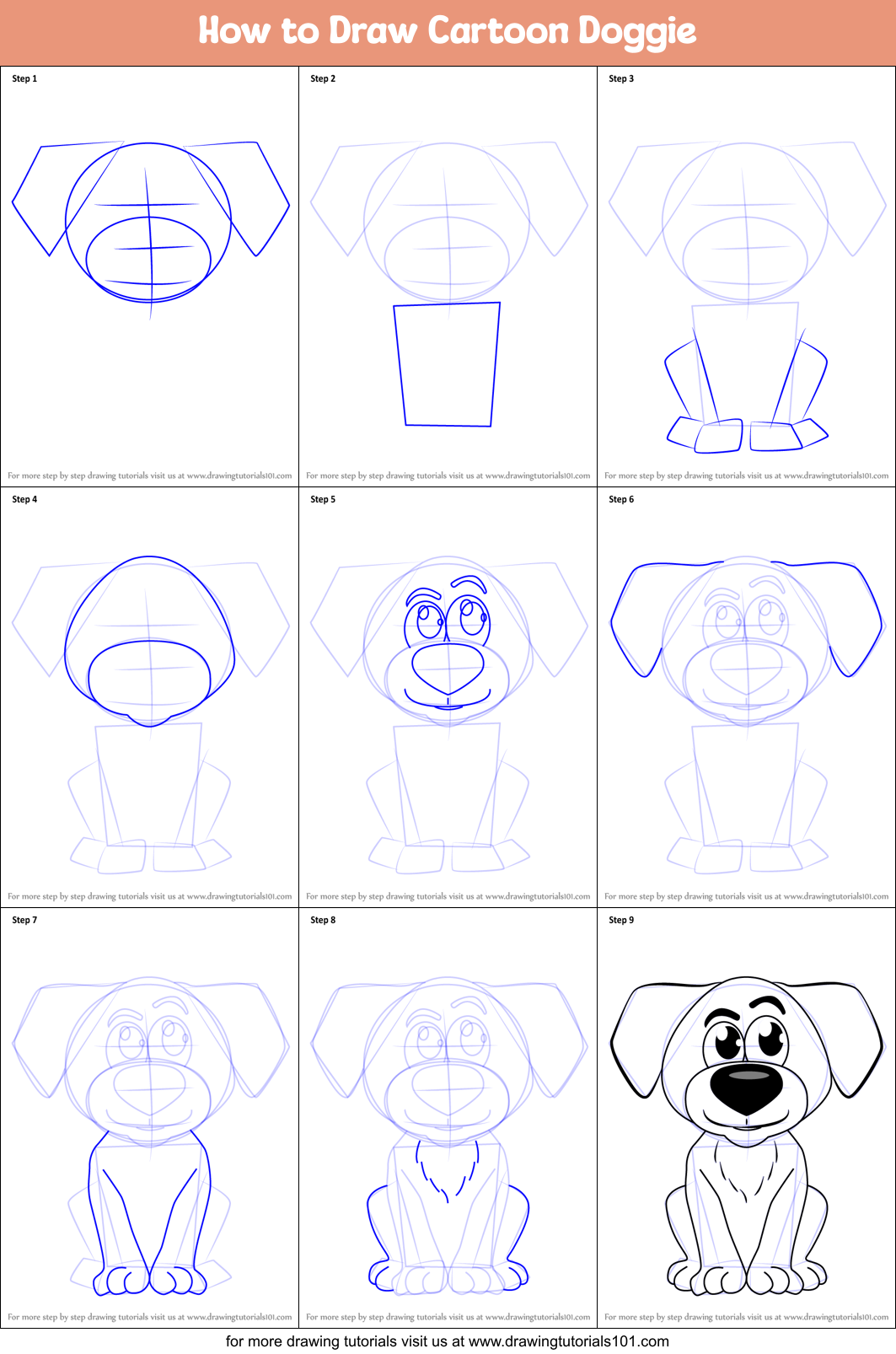 How to Draw Cartoon Doggie printable step by step drawing sheet ...