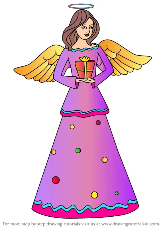 Learn How to Draw Angel with a Gift (Christmas) Step by Step : Drawing