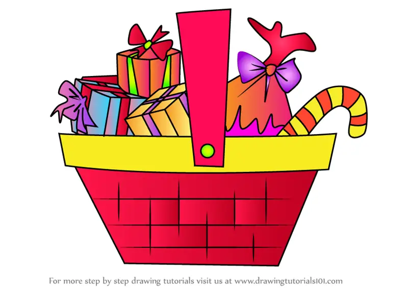 Learn How to Draw Basket Full of Presents and Candy Canes (Christmas