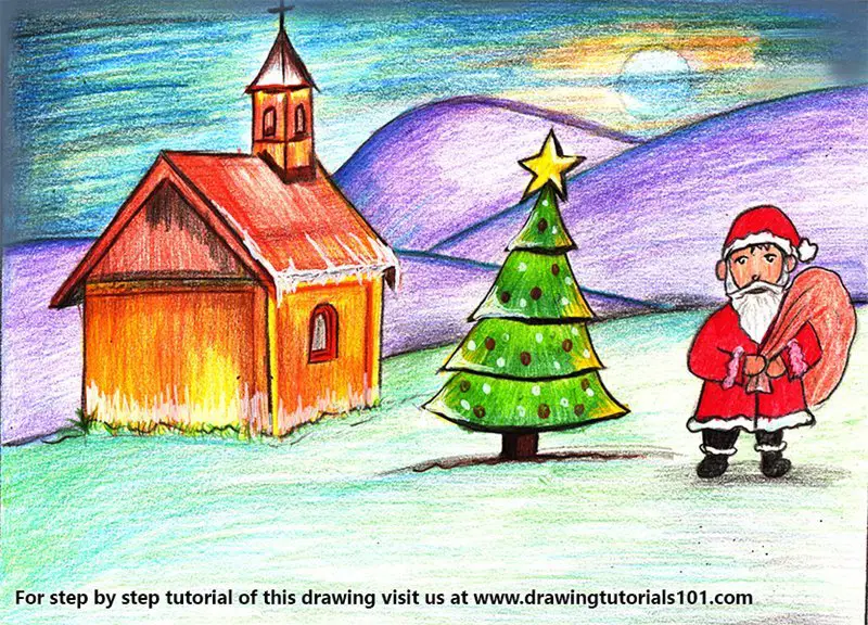 Chirstmas Scenery Color Pencil Drawing