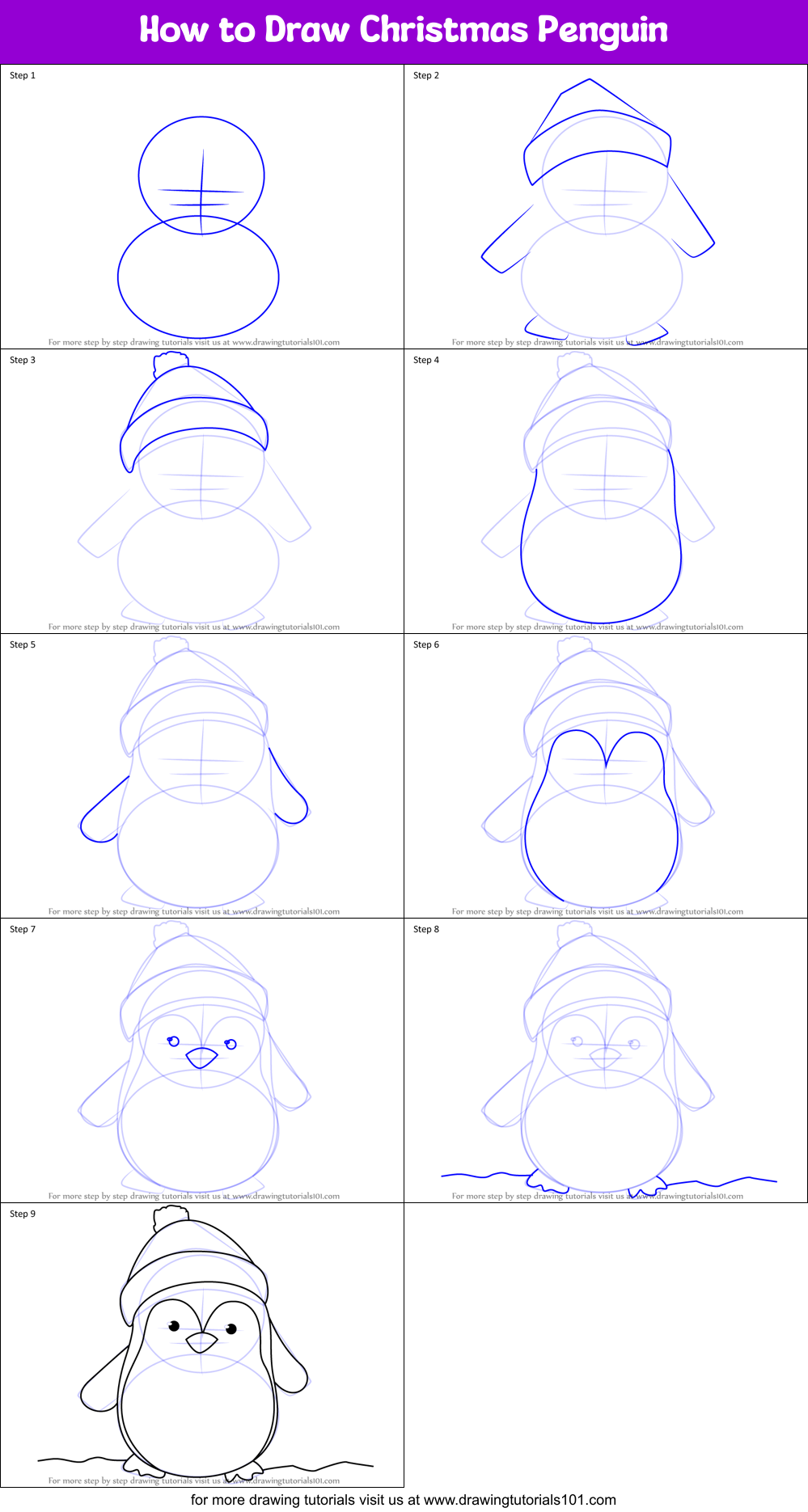 How to Draw Christmas Penguin printable step by step drawing sheet