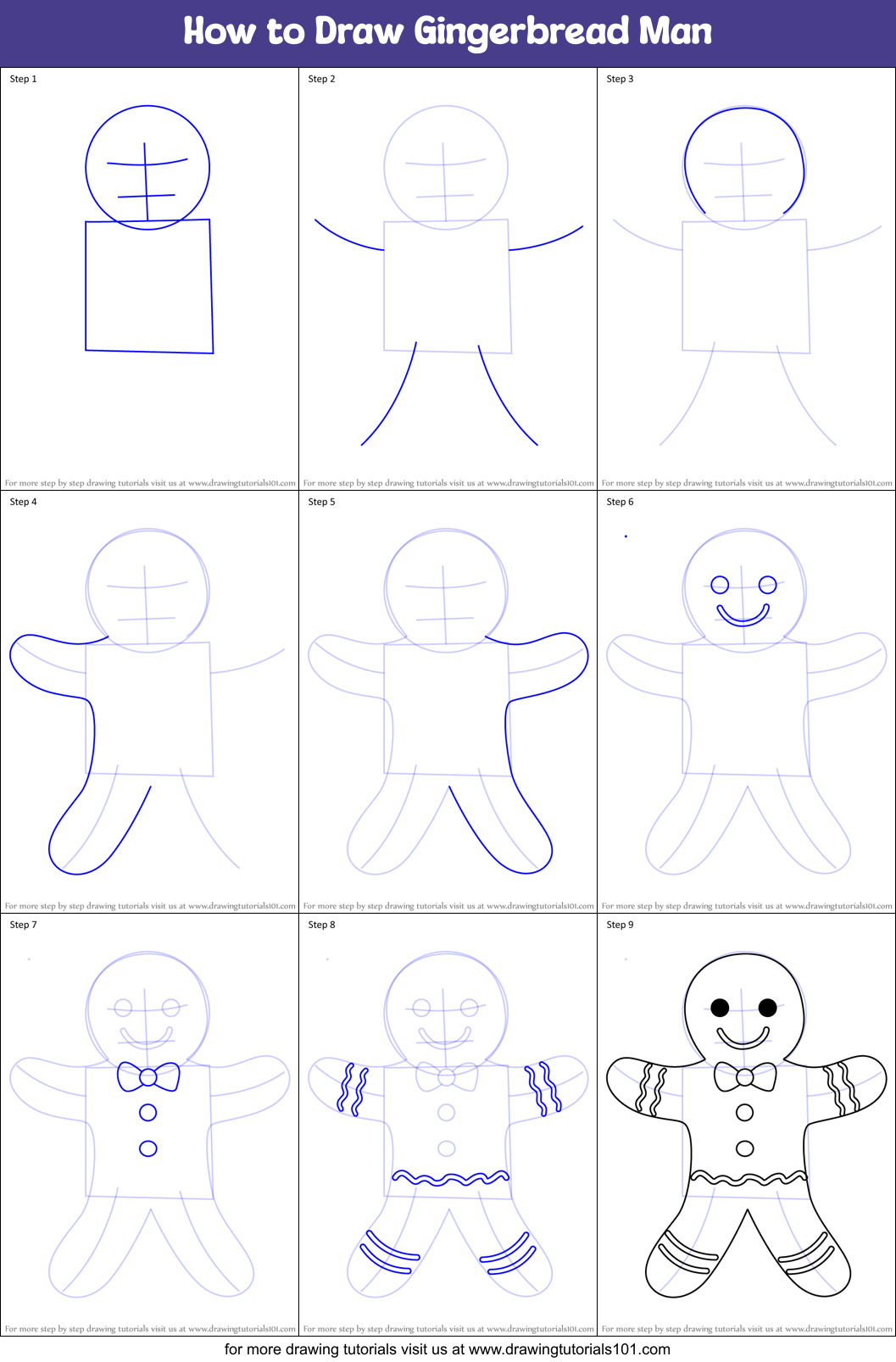 How to Draw Gingerbread Man printable step by step drawing sheet