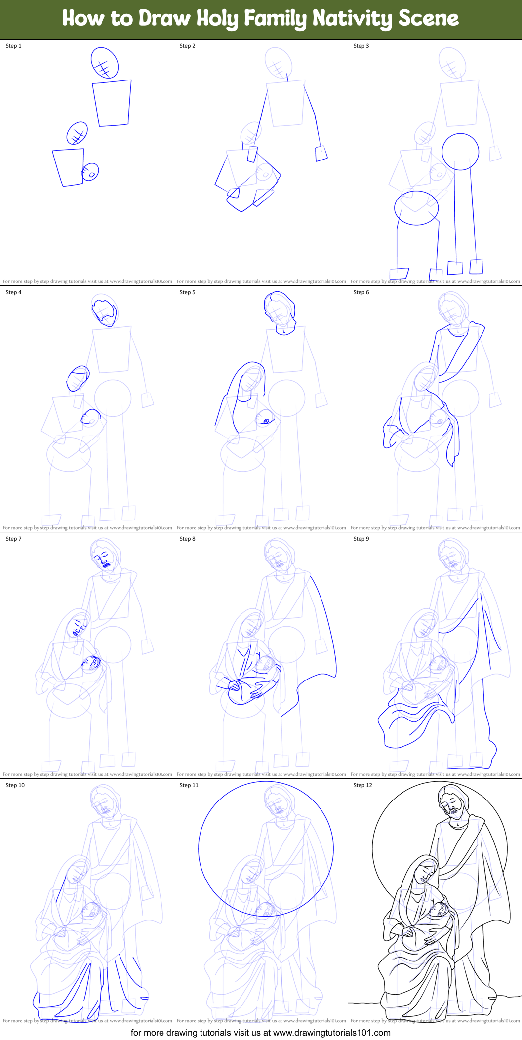 How to Draw Holy Family Nativity Scene printable step by step drawing