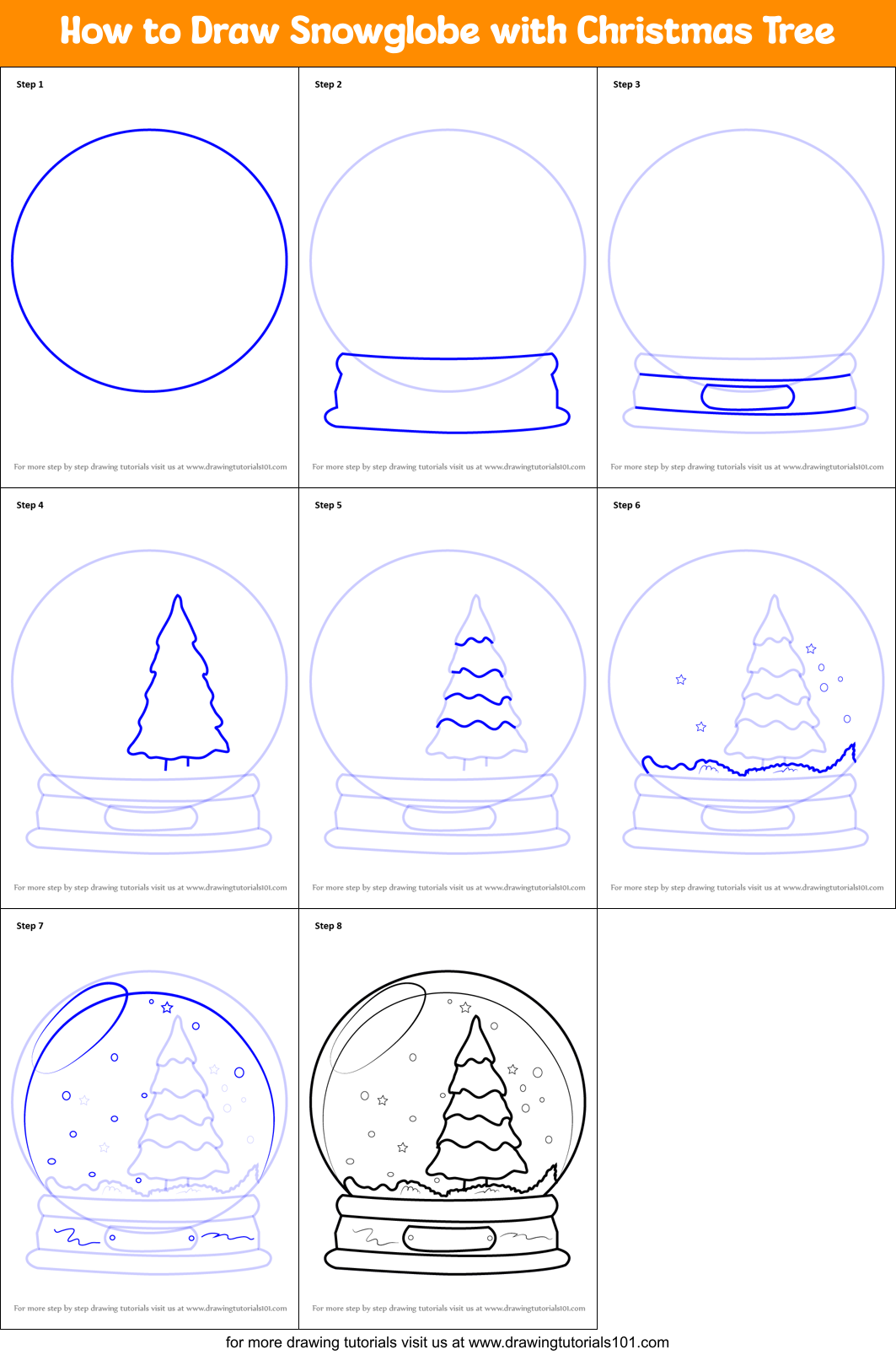 How to Draw Snowglobe with Christmas Tree printable step by step