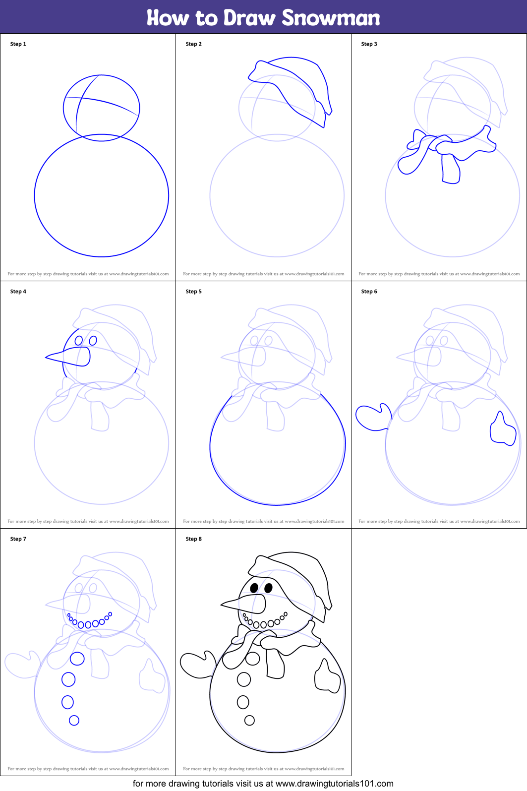 How to Draw Snowman printable step by step drawing sheet
