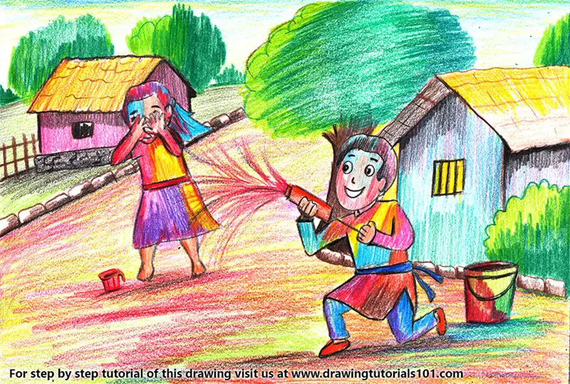 Holi Scene Color Pencil Drawing