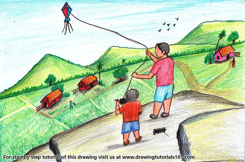 Kite Flying Festival Color Pencil Drawing