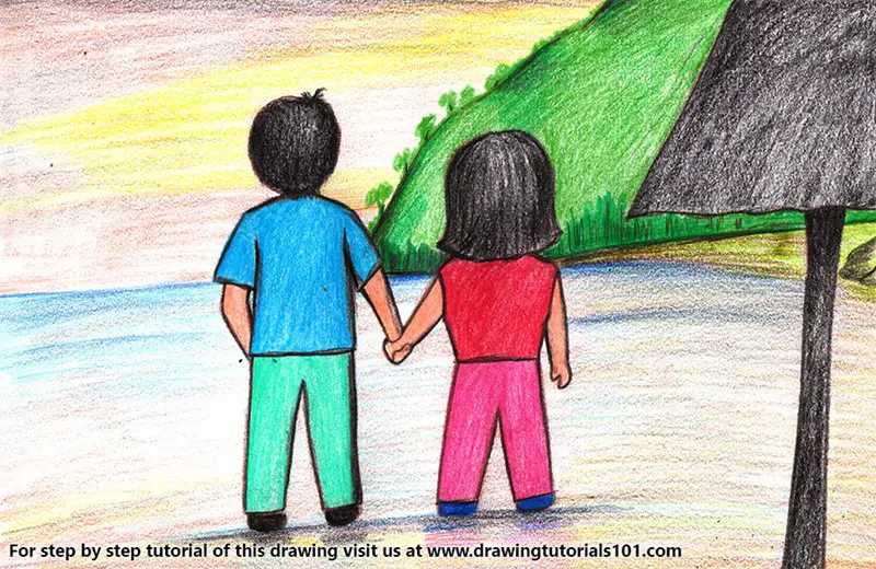 Learn How to Draw Couple Holding Hands on Beach (Valentine's Day) Step