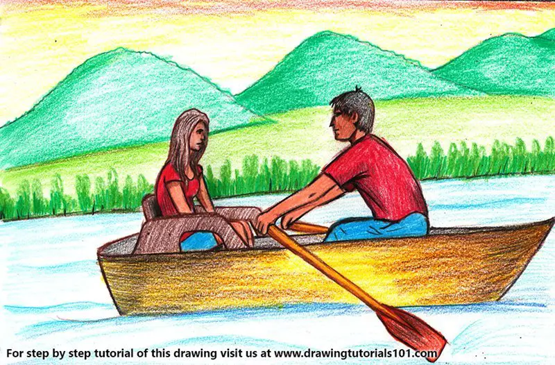 Couple on Boat Color Pencil Drawing