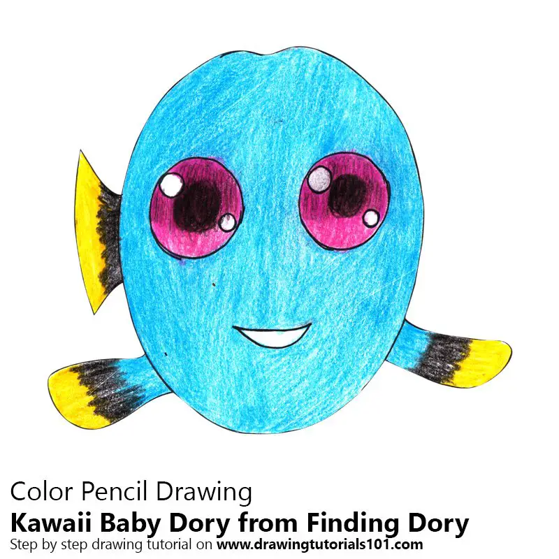 Kawaii Baby Dory from Finding Dory Color Pencil Drawing