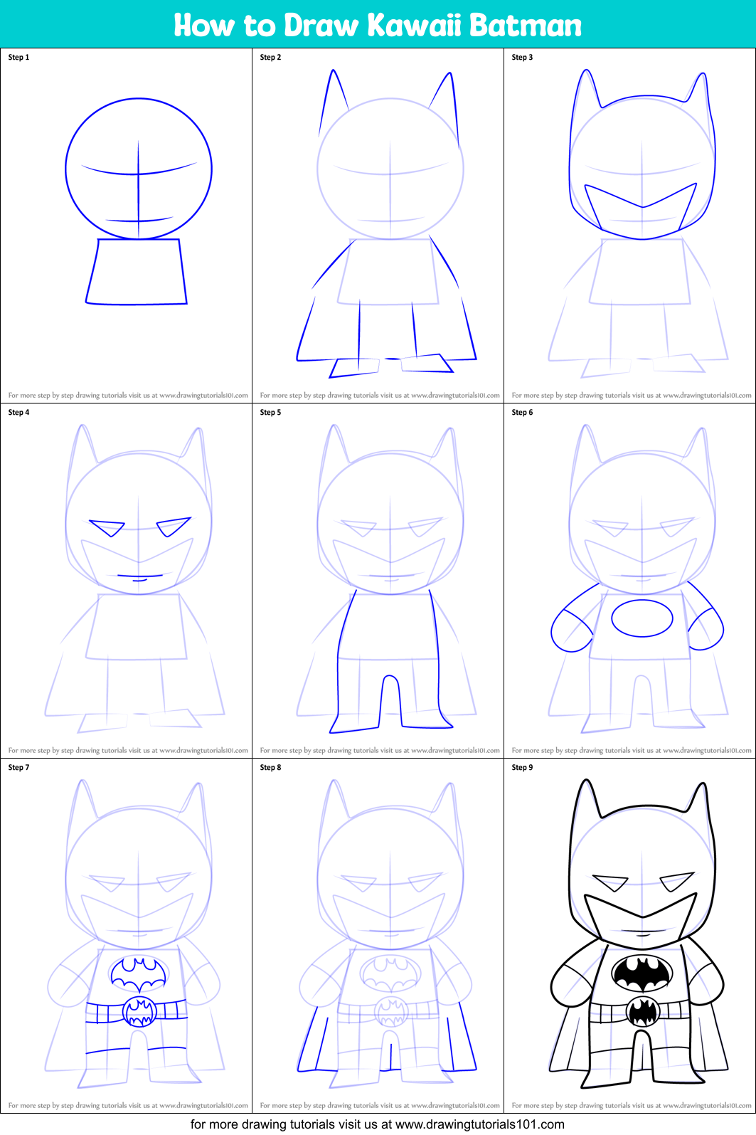 How to Draw Kawaii Batman printable step by step drawing sheet ...